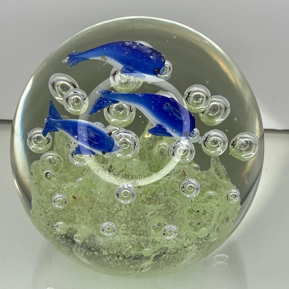 Art Glass Dolphin Paperweight Controlled Bubbles Blue Green 4.5" Murano Style - Picture 10 of 11